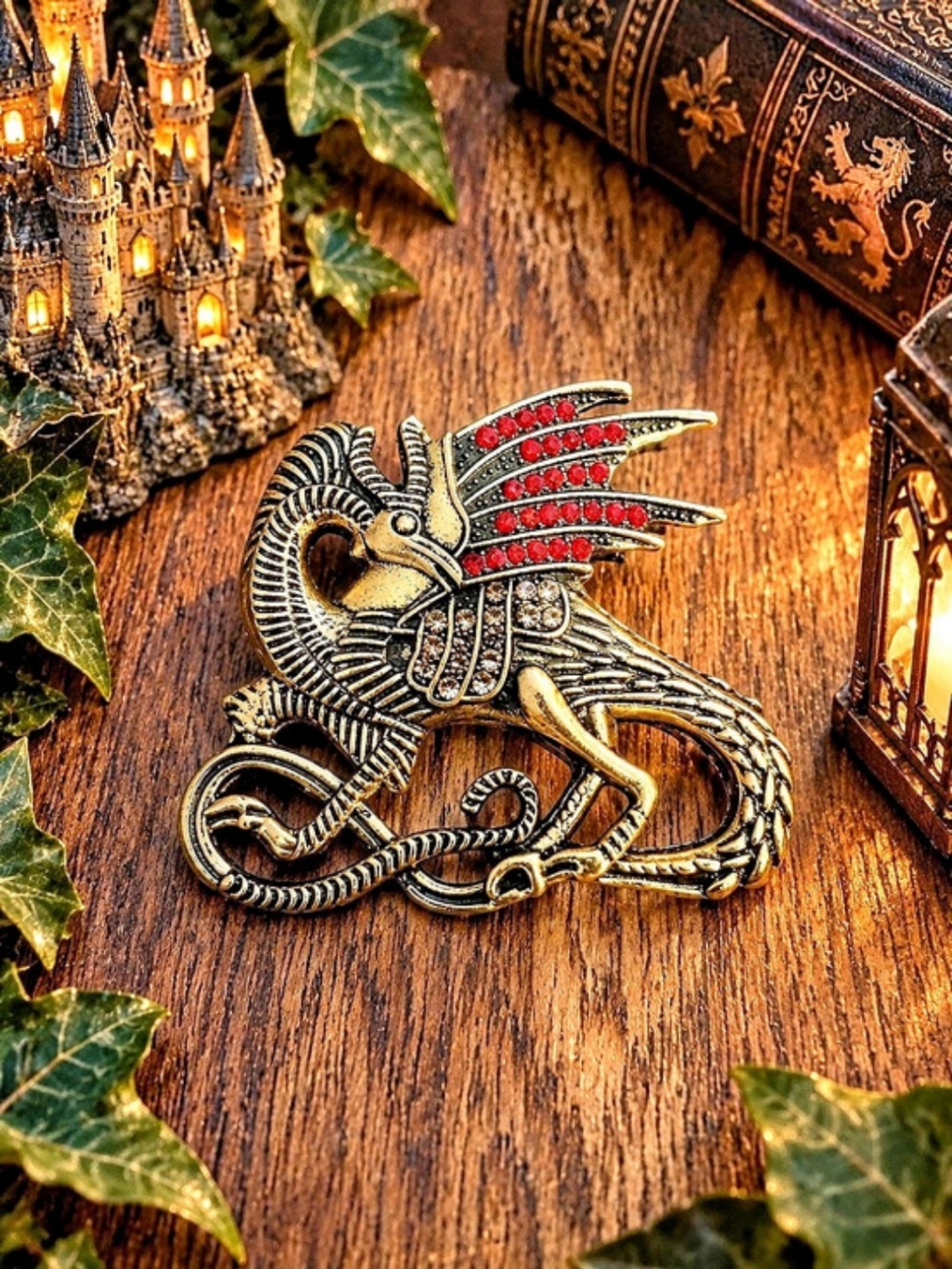 Dragon Brooch in Gold & Red